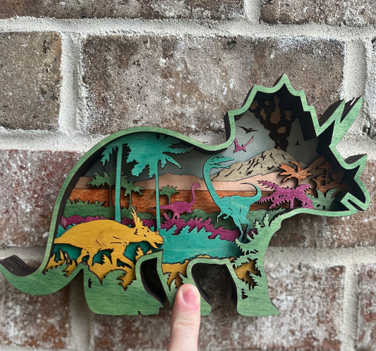 Layered Wood Dinosaur Art - Triceratops